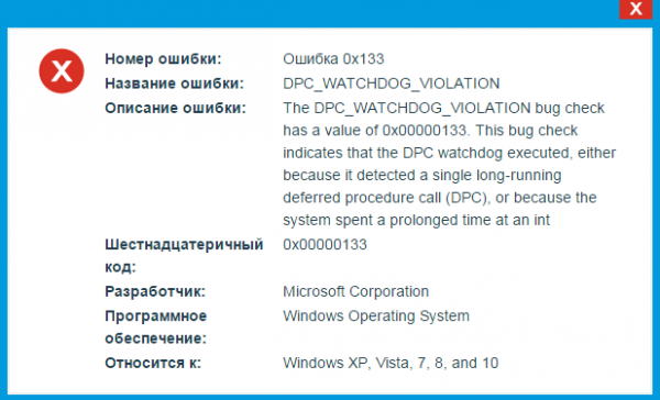 Ошибка 0x00000133 с именем dpc watchdog violation