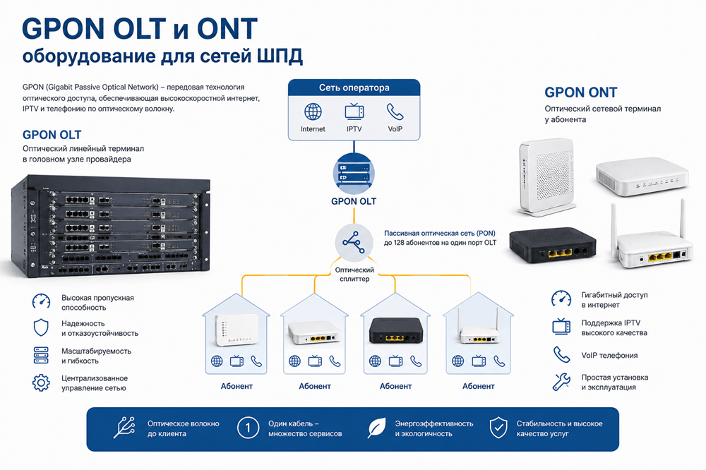 GPON OLT и ONT оборудование для сетей ШПД