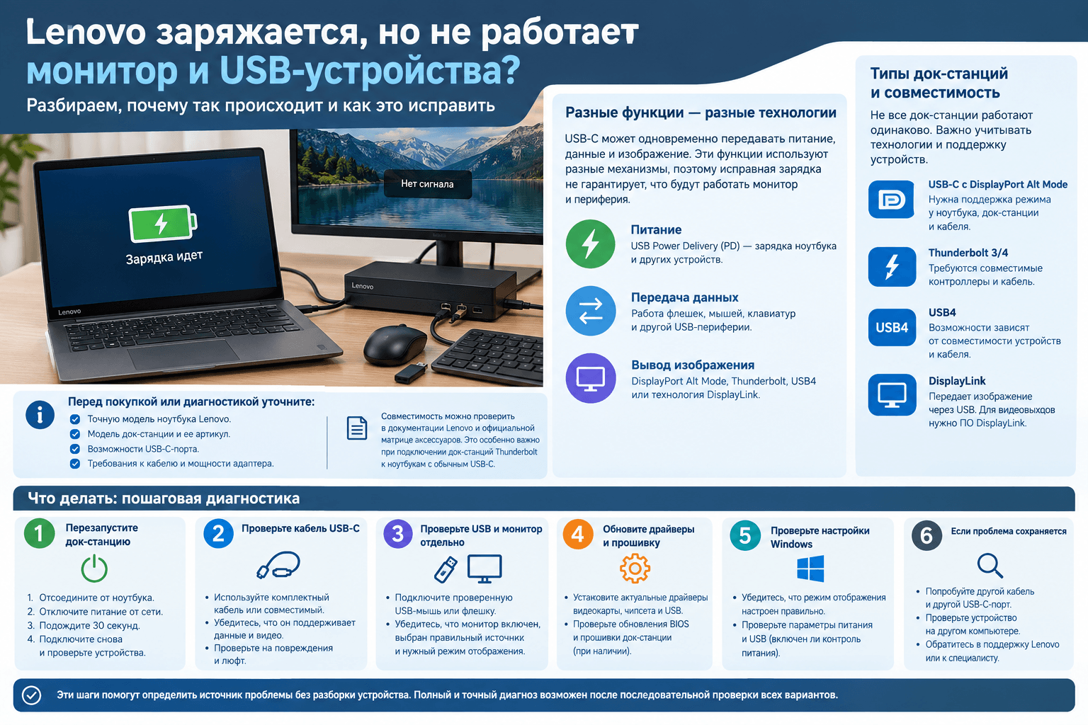 Lenovo заряжается, но не видит док-станцию: что делать